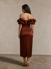 Ruffle Bardot Satin Midi Dress in Chocolate
