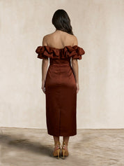 Ruffle Bardot Satin Midi Dress in Chocolate