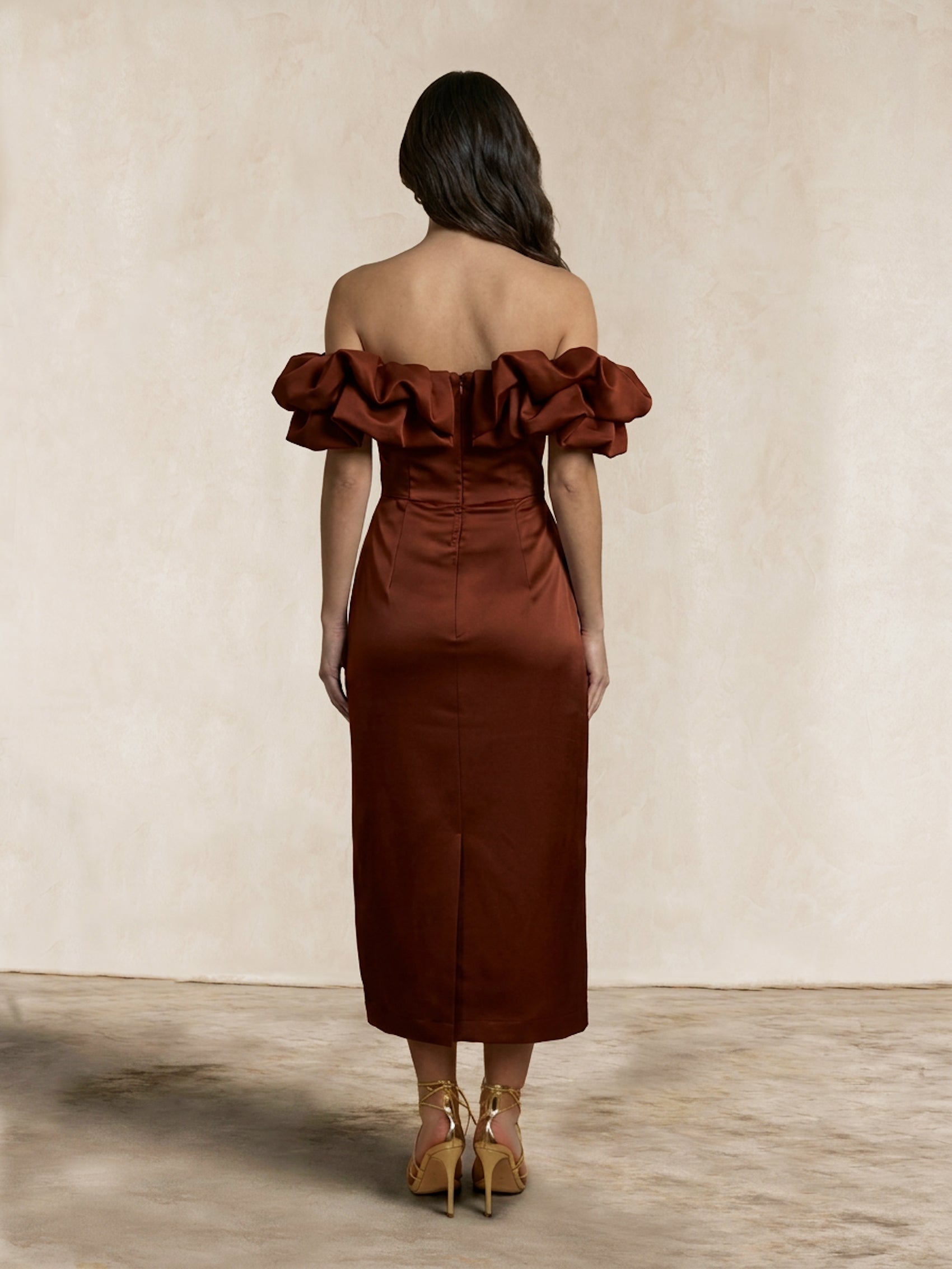 Chi Chi London Women's Ruffle Bardot Satin Midi Dress in Chocolate Brown 10