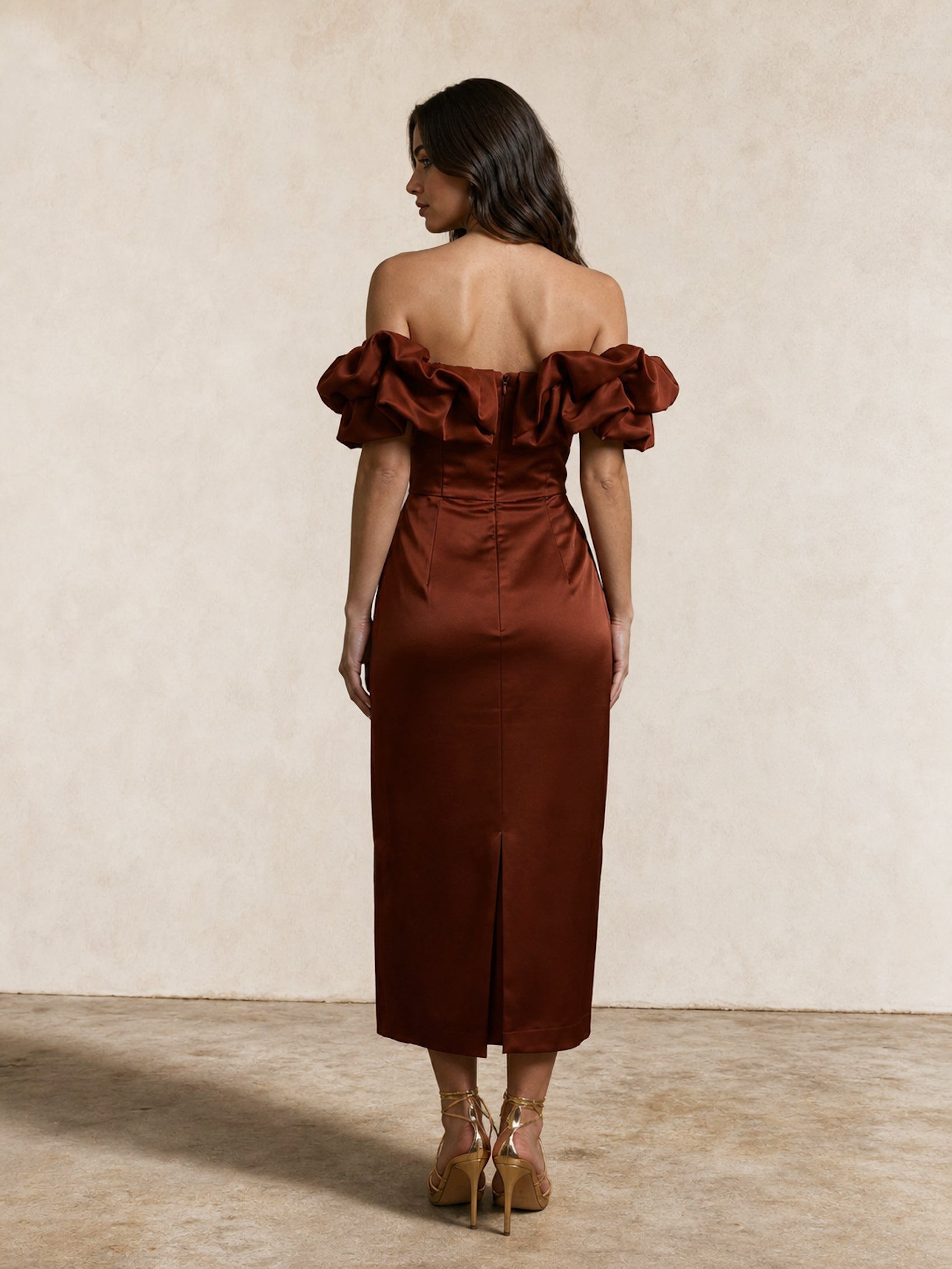 Ruffle Bardot Satin Midi Dress in Chocolate