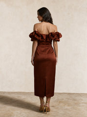 Ruffle Bardot Satin Midi Dress in Chocolate