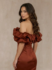 Ruffle Bardot Satin Midi Dress in Chocolate