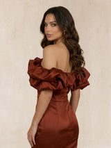 Ruffle Bardot Satin Midi Dress in Chocolate