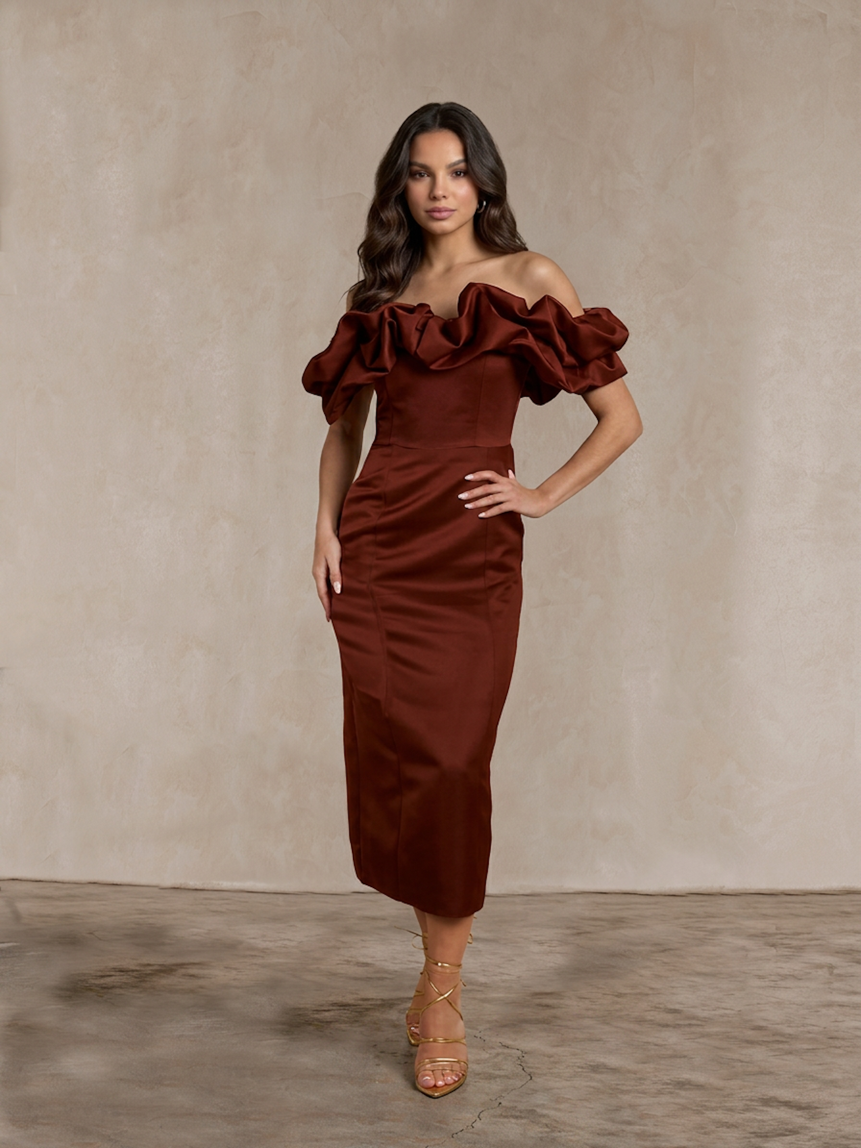 Ruffle Bardot Satin Midi Dress in Chocolate