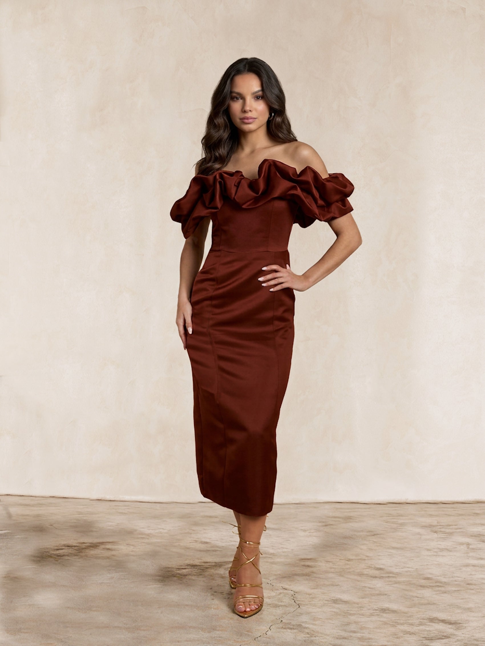 Ruffle Bardot Satin Midi Dress in Chocolate