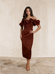 Ruffle Bardot Satin Midi Dress in Chocolate