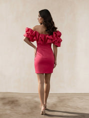 Ruffle Bardot Satin Mini Dress in Pink