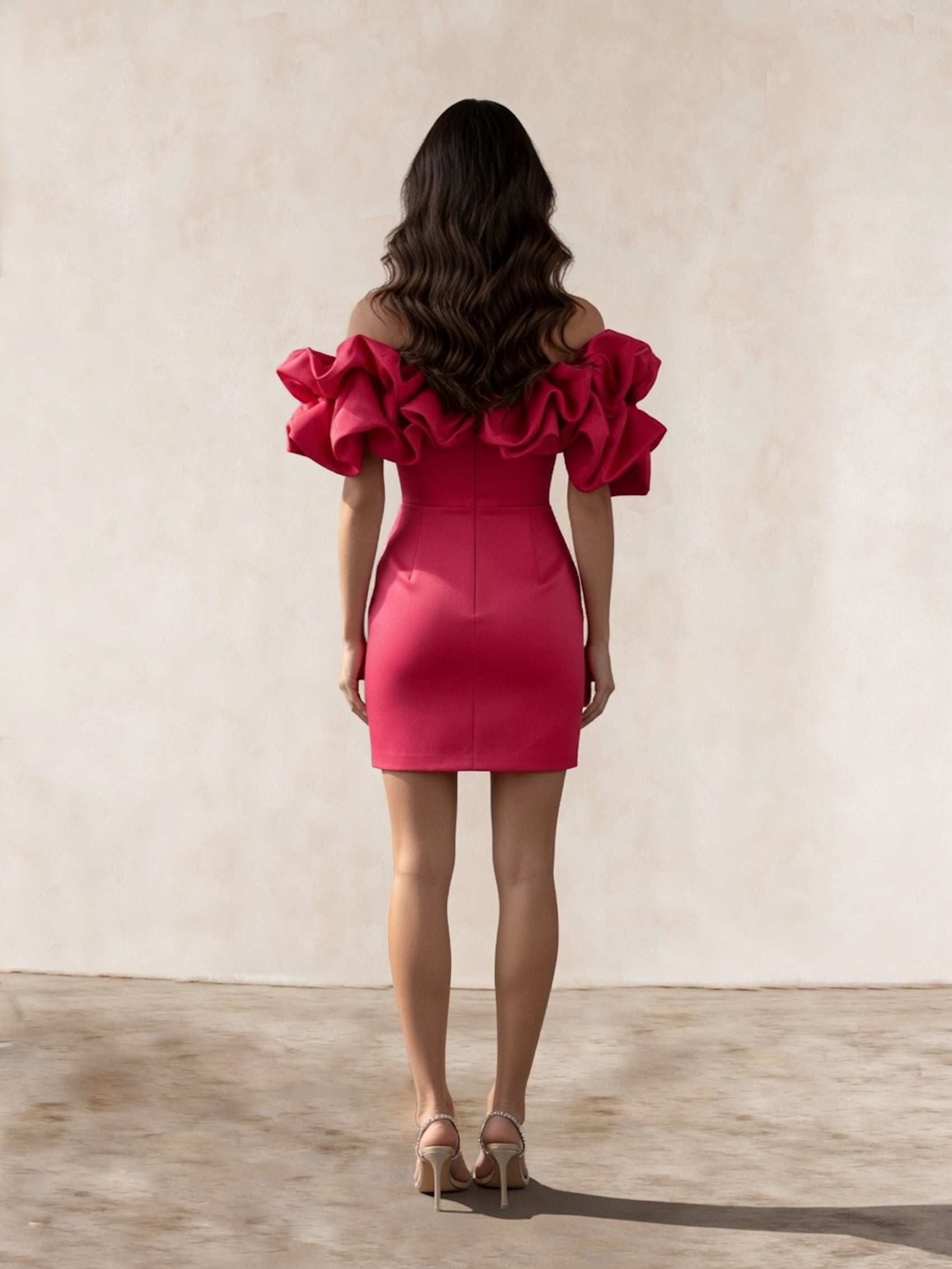 Ruffle Bardot Satin Mini Dress in Pink