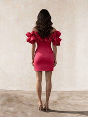 Ruffle Bardot Satin Mini Dress in Pink