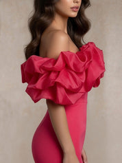 Ruffle Bardot Satin Mini Dress in Pink