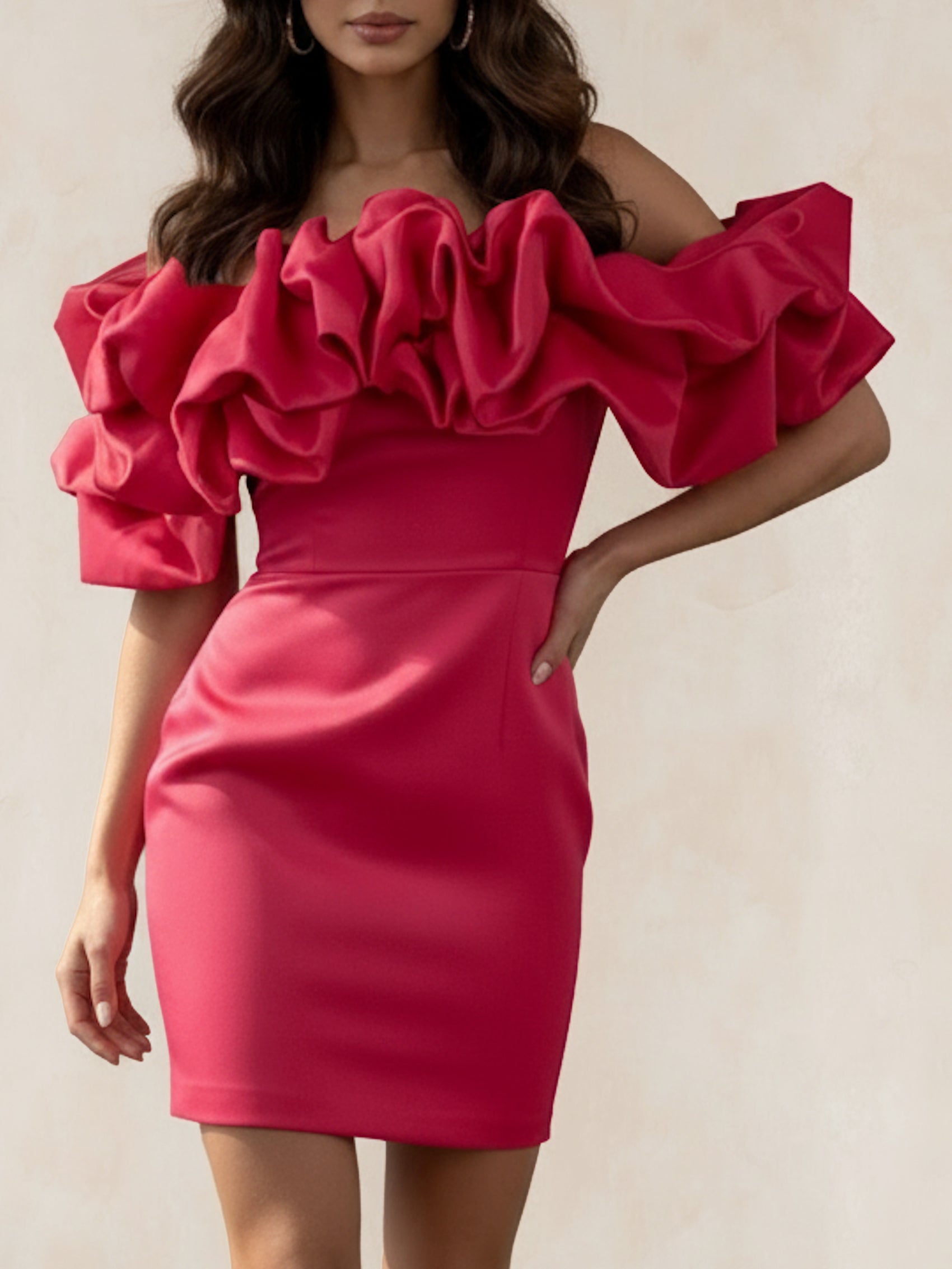 Ruffle Bardot Satin Mini Dress in Pink