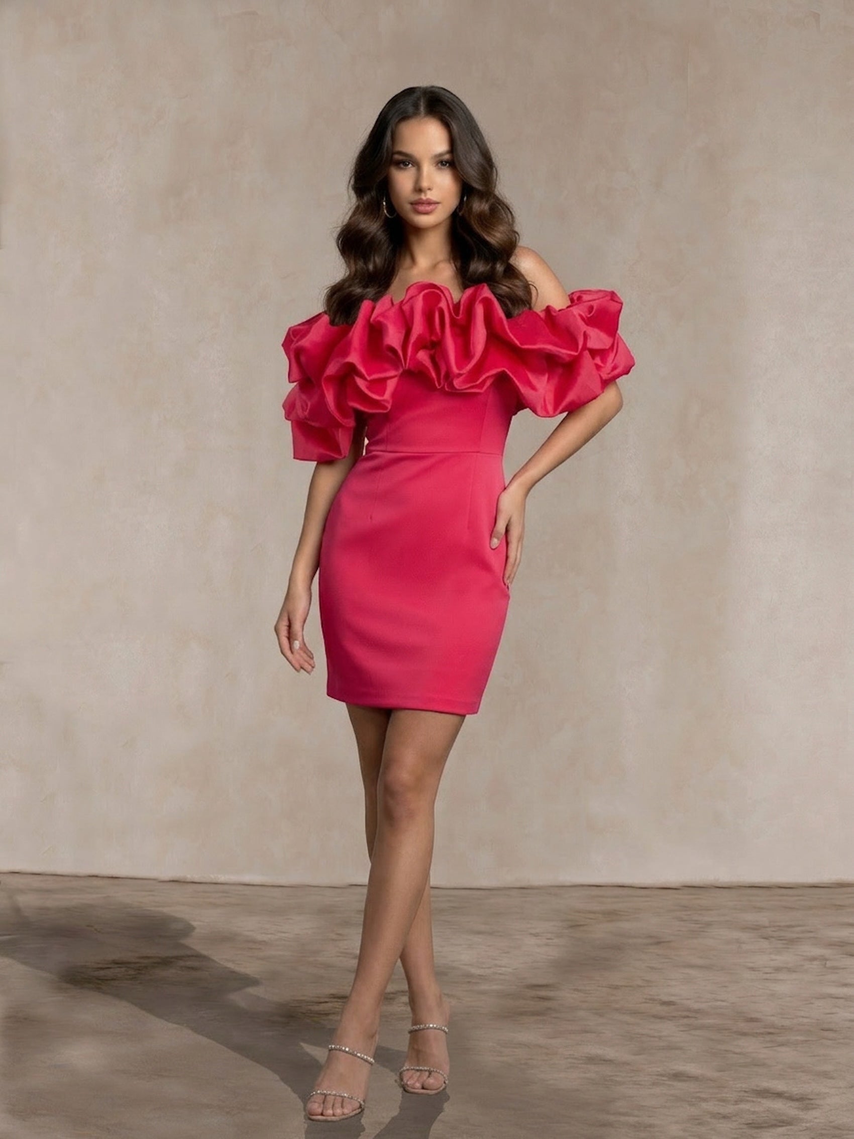 Ruffle Bardot Satin Mini Dress in Pink
