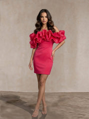 Ruffle Bardot Satin Mini Dress in Pink