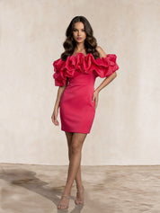 Ruffle Bardot Satin Mini Dress in Pink