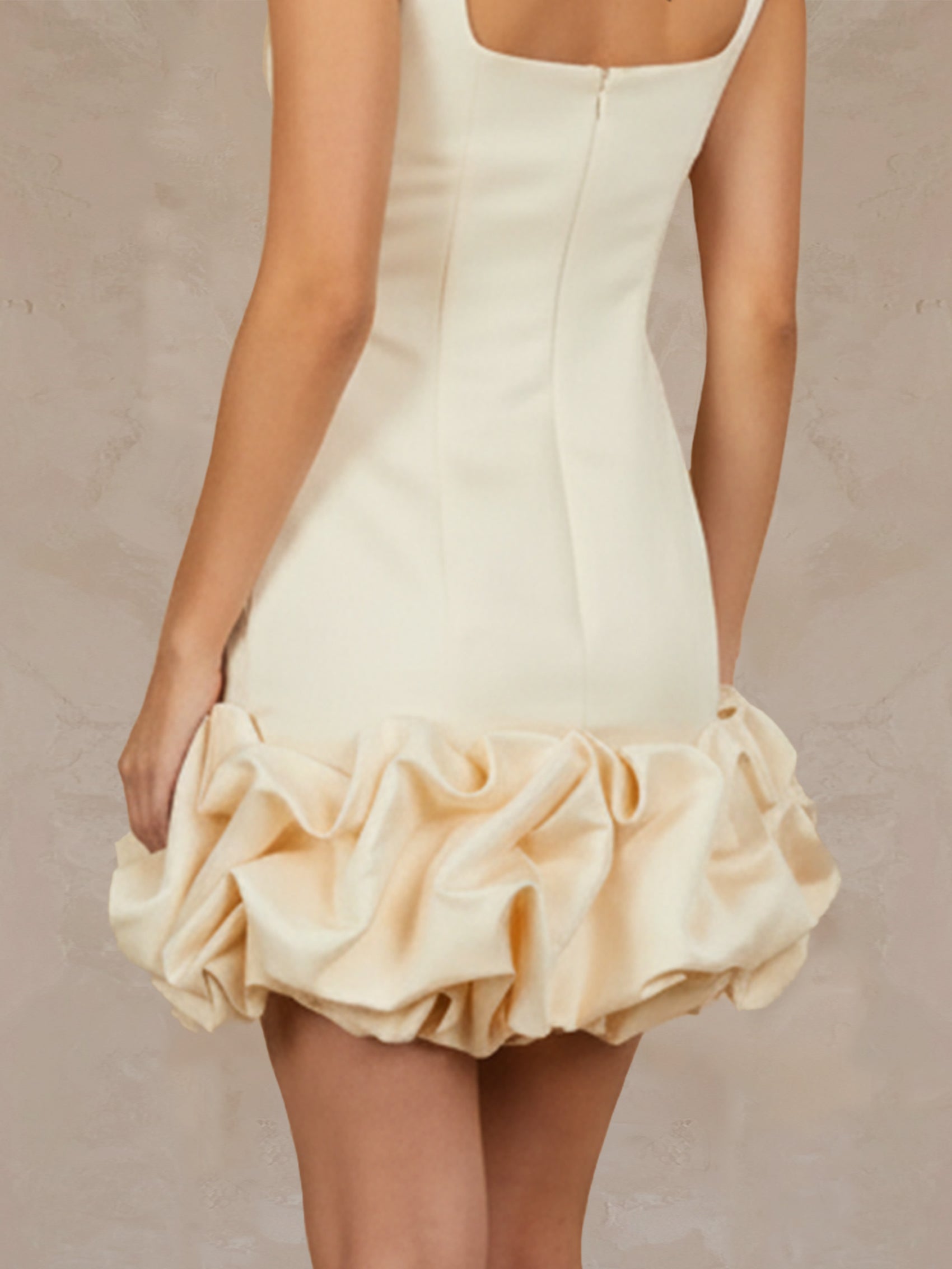 Ruffle Hem Satin Mini Dress in Cream