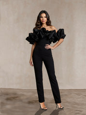 Ruffle Bardot Jumpsuit in Black