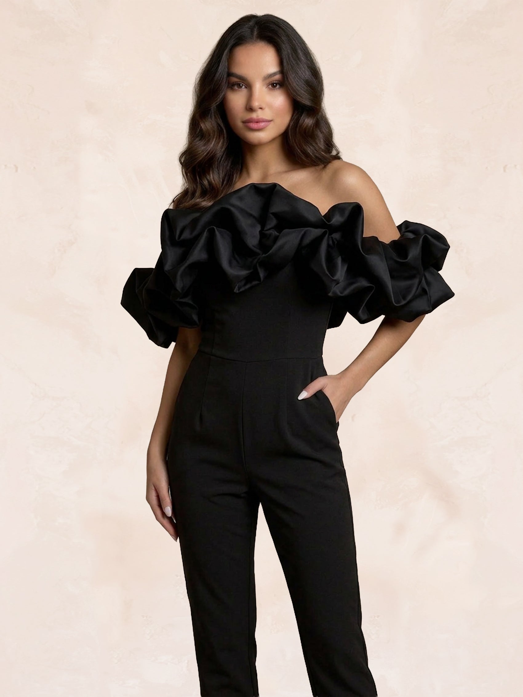 Ruffle Bardot Jumpsuit in Black