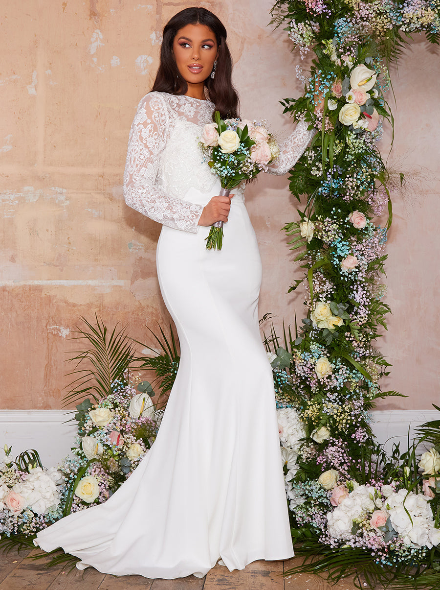 Long Sleeve Lace Bodice Bridal Wedding Dress in White