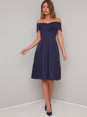 Bardot Neckline Skater Dress in Blue