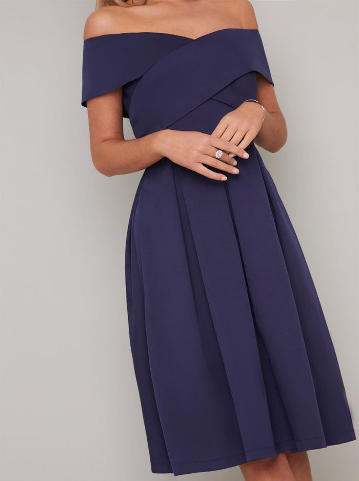 Bardot Neckline Skater Dress in Blue