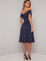 Bardot Neckline Skater Dress in Blue