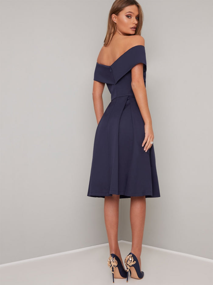 Bardot Neckline Skater Dress in Blue