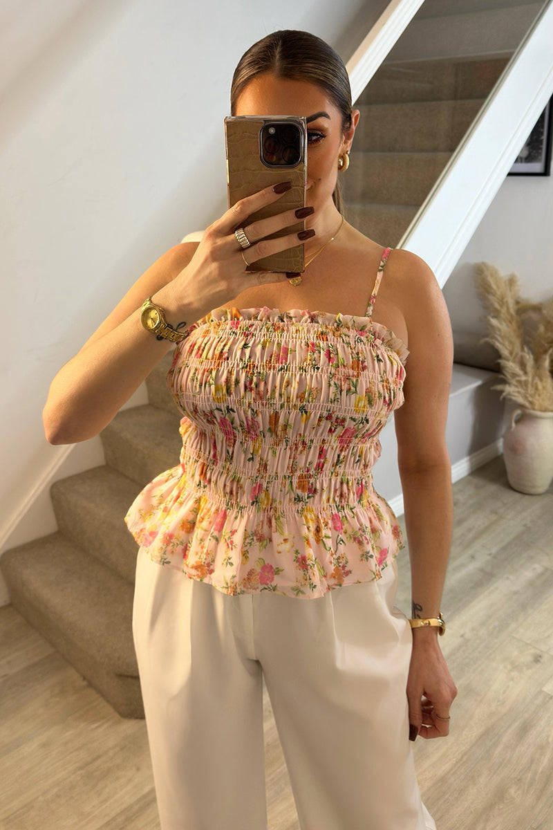 Pink Floral Print Shirred Cami Top