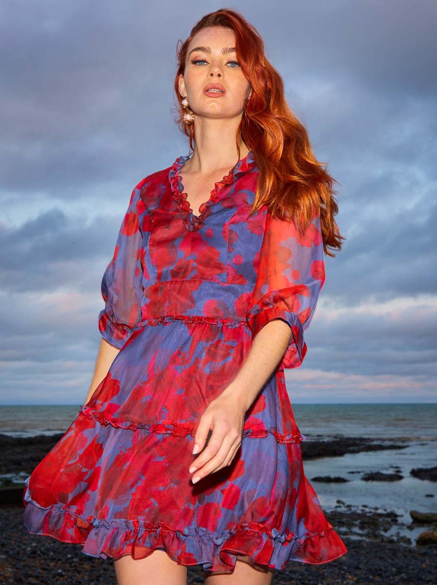 V Neck Floral Ruffle Mini Dress in Red