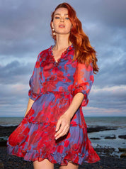 V Neck Floral Ruffle Mini Dress in Red