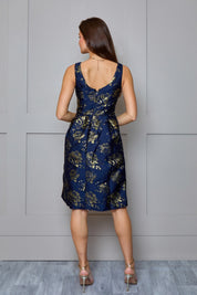Sleeveless Floral Jacquard Mid Dress in Navy