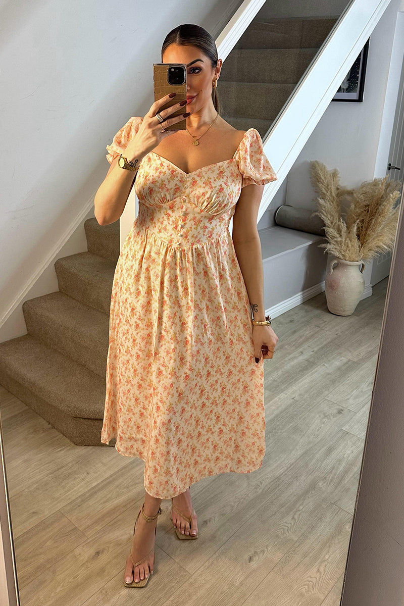 Cream Floral Print Puff Sleeve Milkmaid Midi Dress | Chi Chi London UK