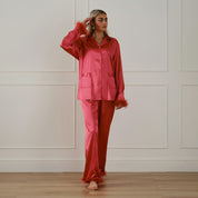 Pink Satin Pyjamas with Feather Trims - Medium