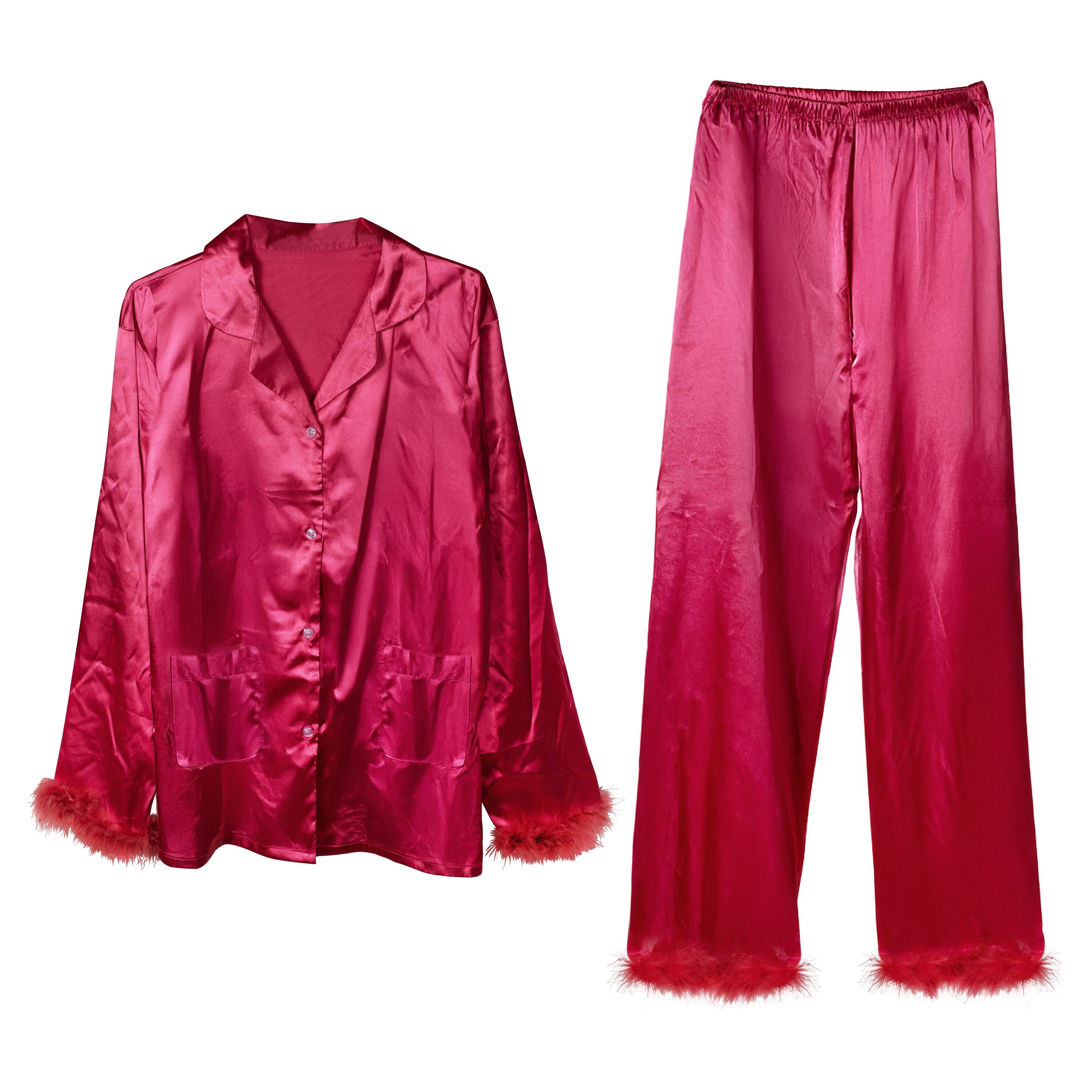 Pink Satin Pyjamas with Feather Trims - Medium