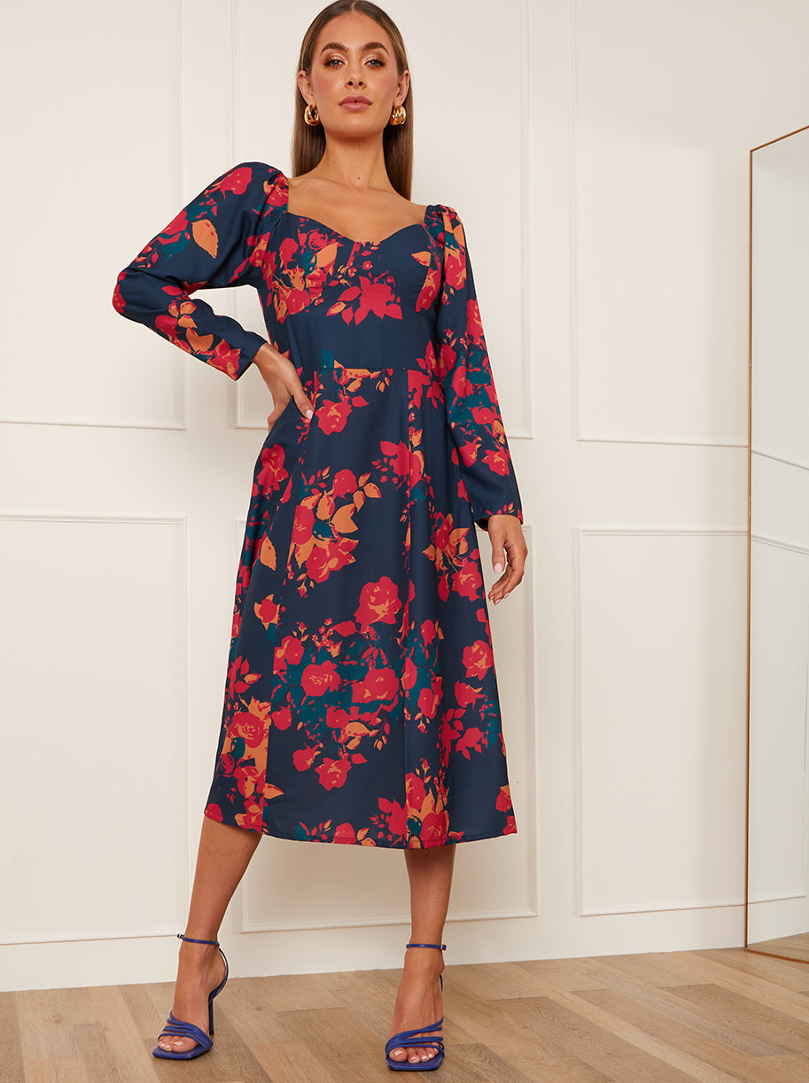 Long Sleeve Floral Midi Dress in Navy