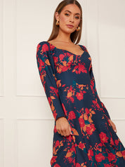 Long Sleeve Floral Midi Dress in Navy