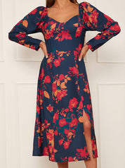 Long Sleeve Floral Midi Dress in Navy