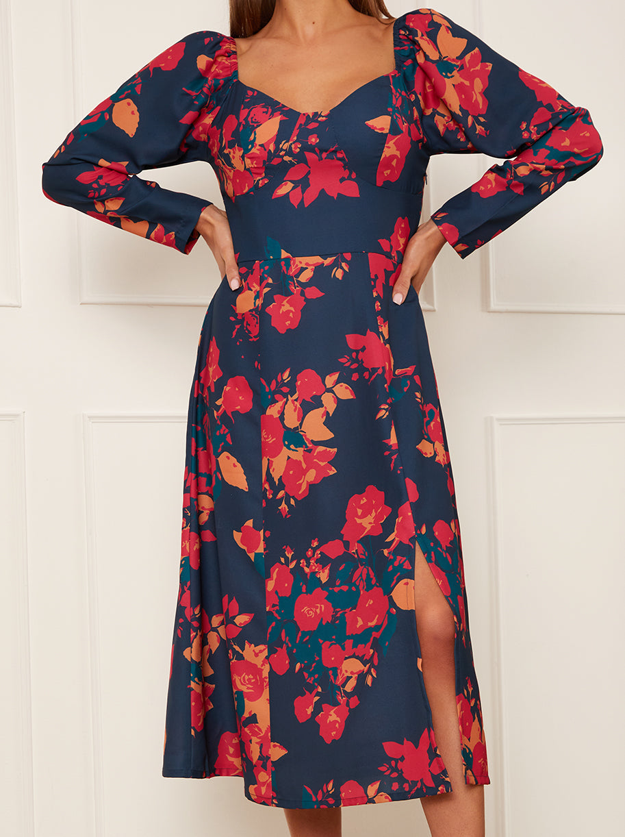 strapless open back dress Fia Floral Midi Dress Red/Blue – Goose Island main image 1