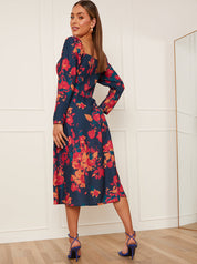 Long Sleeve Floral Midi Dress in Navy