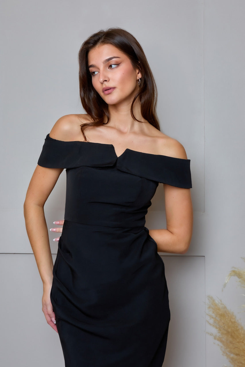 Bardot Split Detail Bodycon Midi Dress in Black