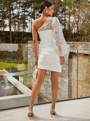 One Shoulder Balloon Sleeve Bodycon Dress in White