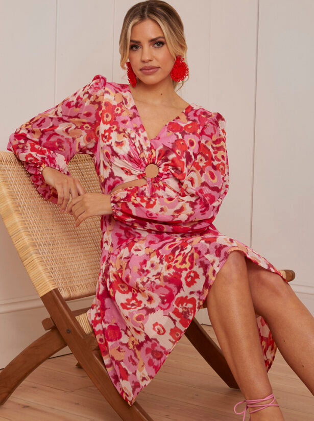 Long Sleeve Ring Detail Floral Mini Dress in Pink | Chi Chi London UK Long Sleeve Ring Detail Floral Mini Dress in Pink | Chi Chi London UK