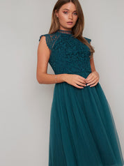 Midi Dress with Floral Crochet Design in Green