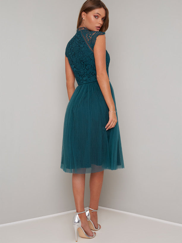 Midi Dress with Floral Crochet Design in Green