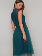 Midi Dress with Floral Crochet Design in Green