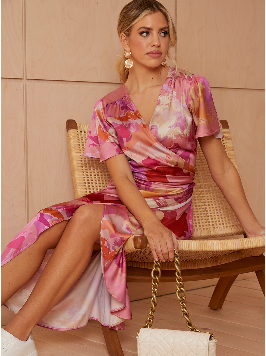 Short Sleeve V Neck Floral Midi Dress in Pink