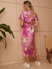 Short Sleeve V Neck Floral Midi Dress in Pink