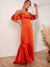 Satin Cami Strap Ruffle Detail Bodycon Dress in Rust