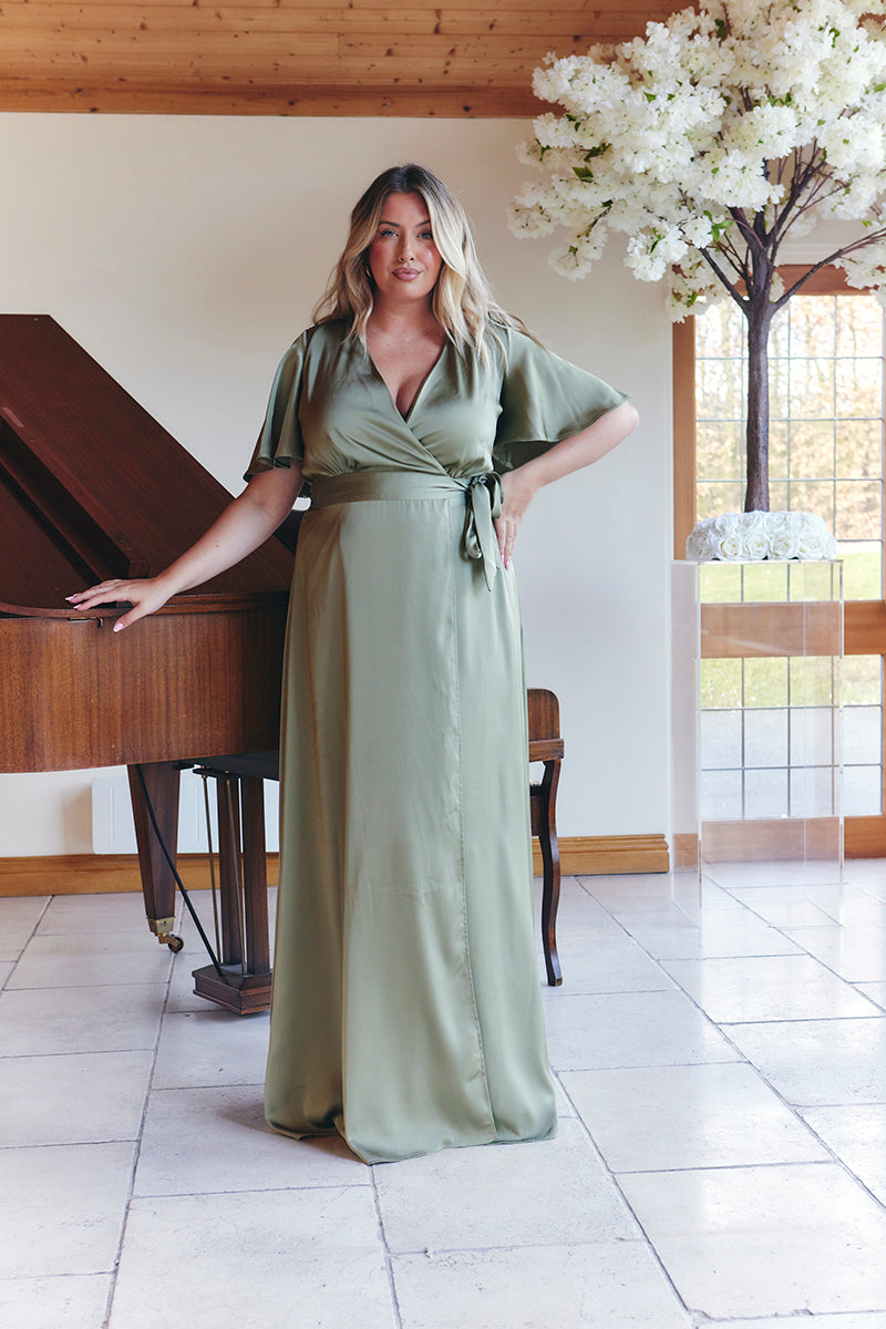 Women's Satin Wrap Tie Angel Sleeve Maxi Dress, Green | Size: 12 Women's Satin Wrap Tie Angel Sleeve Maxi Dress, Green | Size: 12