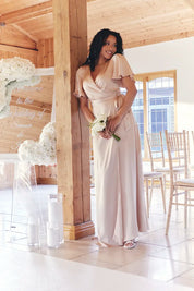 In The Style Light Gold Satin Wrap Tie Angel Sleeve Maxi Dress