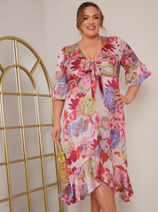 Plus Size Short Sleeve Tie Front Floral Midi Dress in Pink